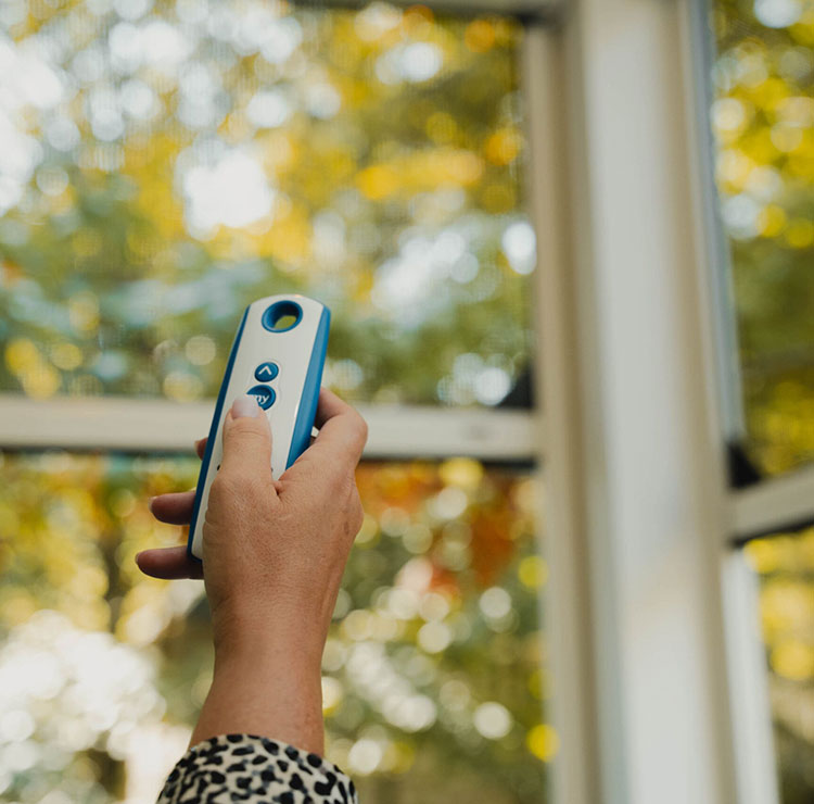 Main tenant une télécommande bleue pour système de moustiquaire motorisée sur fond extérieur flou
