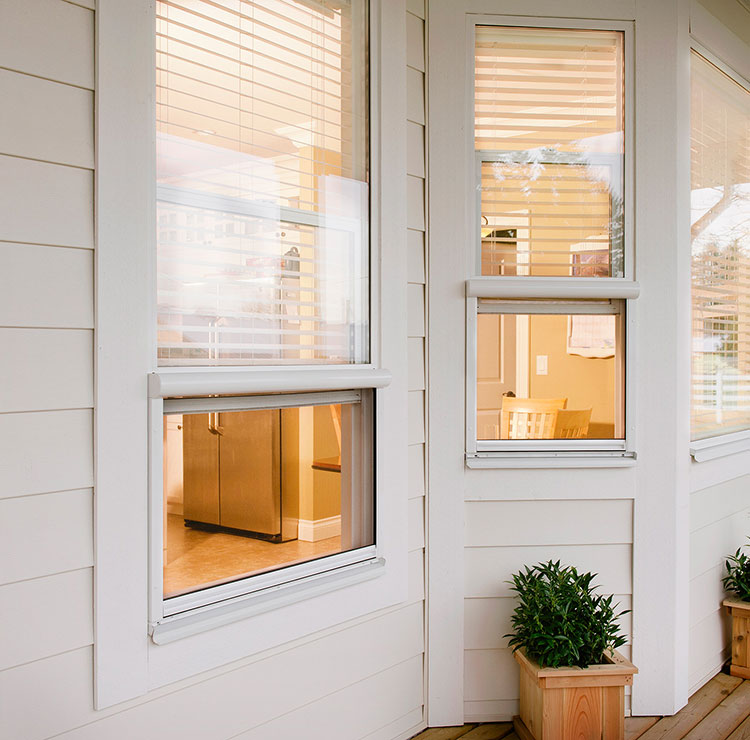 Extérieur de maison moderne blanche avec moustiquaires de fenêtre rétractables, éclairage intérieur chaleureux et jardinières décoratives sur le porche