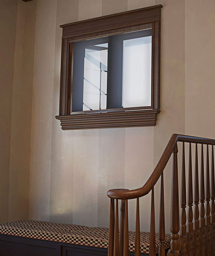 Fenêtre à cadre en bois avec moustiquaire rétractable installée à côté d'un escalier en bois et d'un banc décoratif
