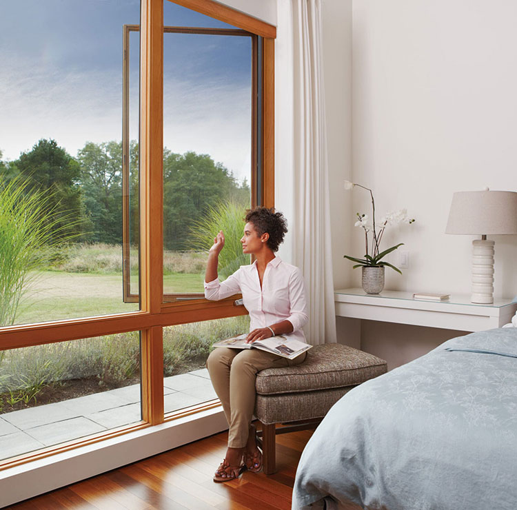 Chambre sereine avec fenêtre à cadre en bois surplombant une prairie naturelle, avec parquet et literie élégante