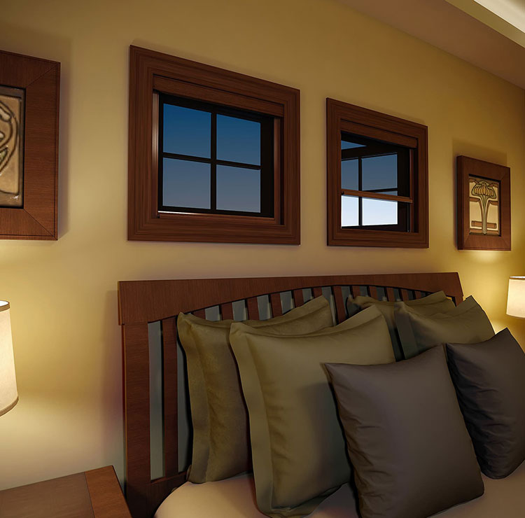 Chambre confortable avec garniture en bois de style artisan, avec éclairage chaleureux et art mural décoratif au-dessus d'une tête de lit rembourrée